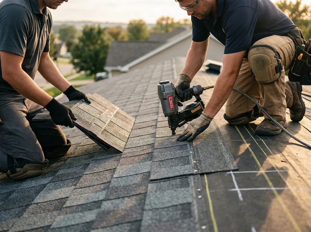 Professional roofer working on a residential roof in Altadena